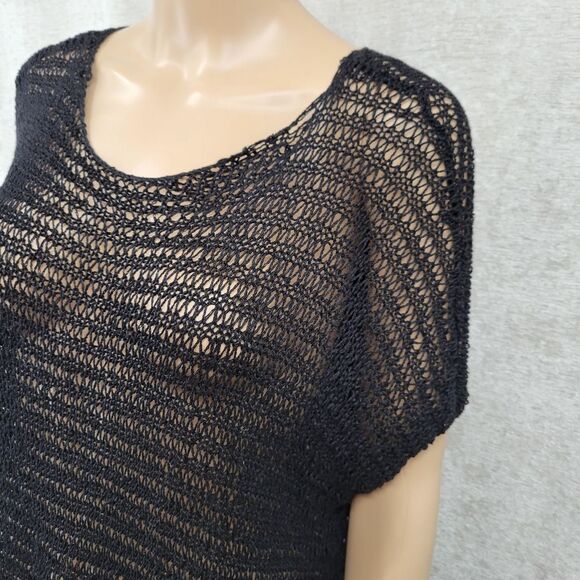 Eileen Fisher Women's Black Linen Loose Knit Scoop Neck Drop Shoulder Top Blouse - Picture 2 of 8